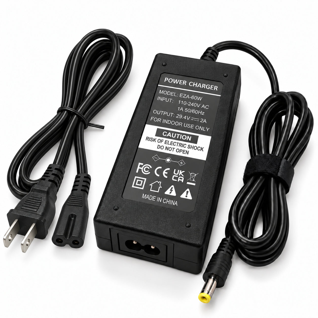 Power charger with included AC power cord, US plug shown