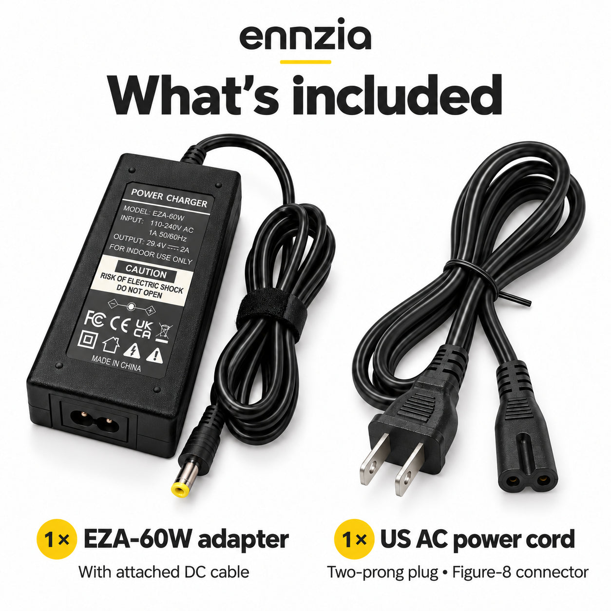 Power charger and included AC power cord, US plug shown
