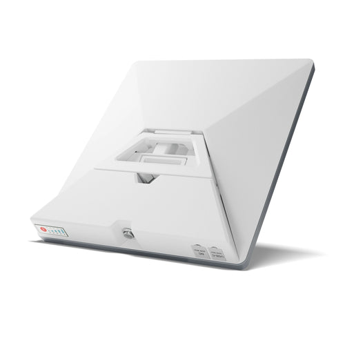 Product — E100 Prime battery fitted behind Starlink Mini, with folding stand deployed and both input covers closed