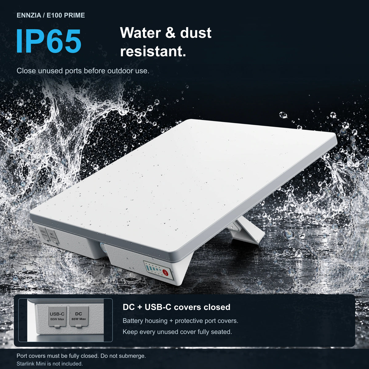 Protection — E100 Prime IP65 protection: assembled battery and Mini rendered from the native 3D models with water splashes, closed input covers and a cover detail inset